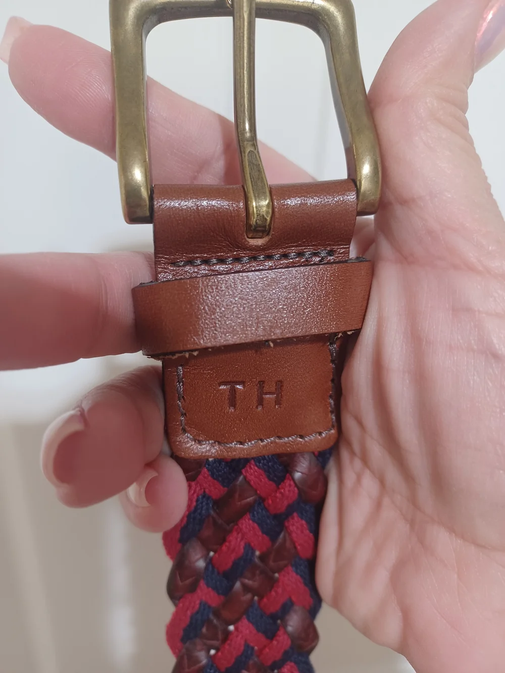 TH Braided Leather-Trim Unisex Belt in Navy and Red Woven